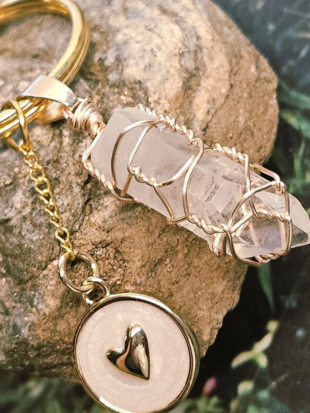 Wire-Wrapped Clear Quartz Keychain with Gold Heart Charm